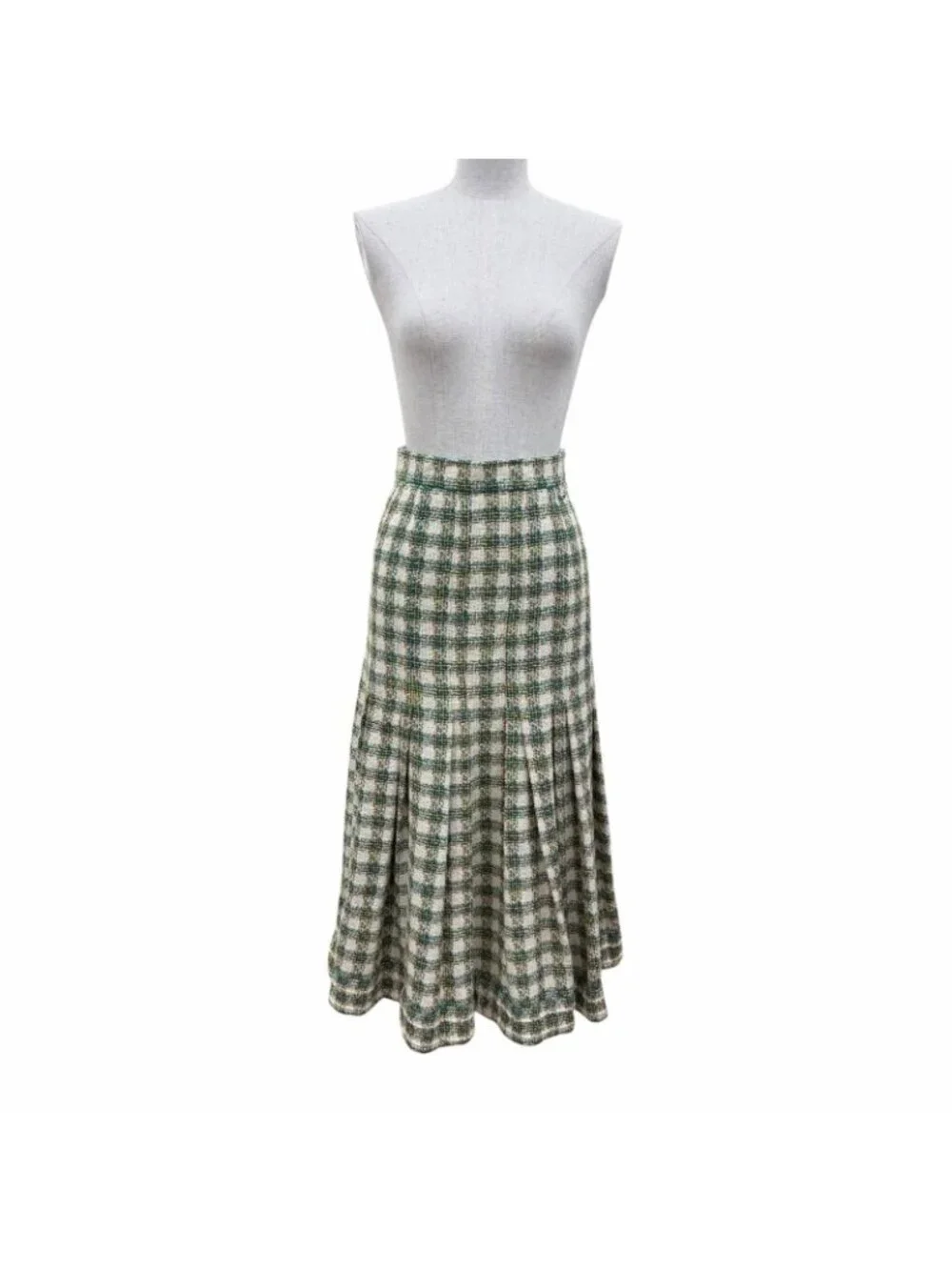 Chanel Silk Linen Blend Coco Buttons Long Skirt Green Ivory 34